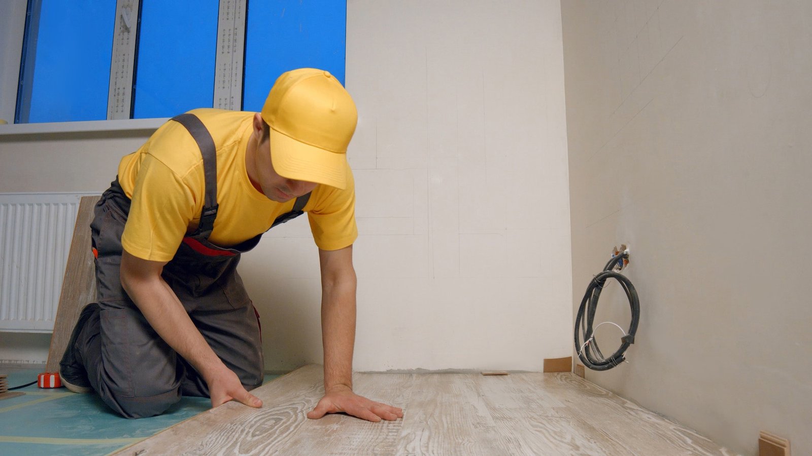 Skilled master laying laminate floor in apartment.